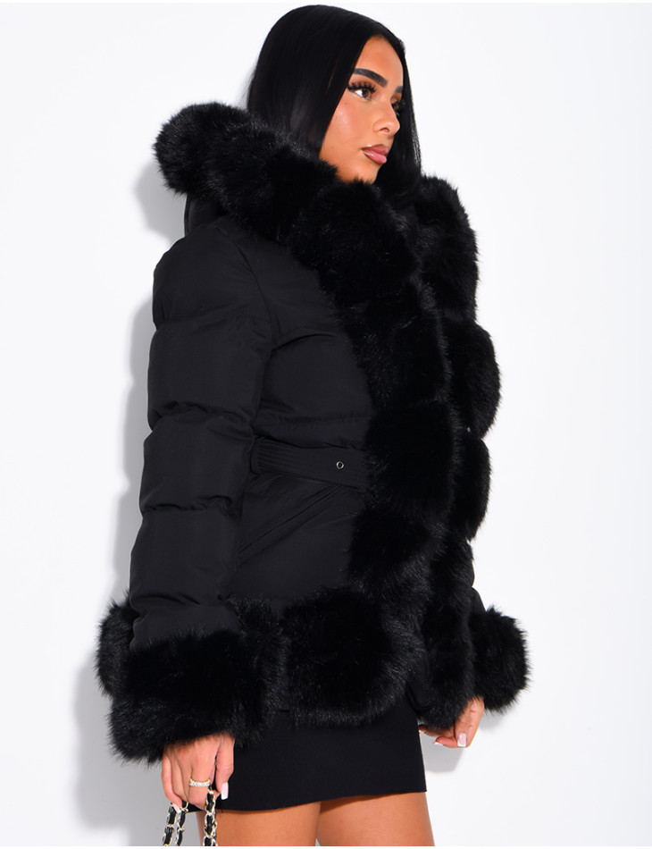 Mid-length quilted puffer jacket with fur-lined hood