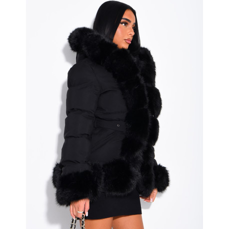 Mid-length quilted puffer jacket with fur-lined hood