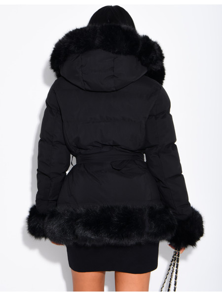 Mid-length quilted puffer jacket with fur-lined hood