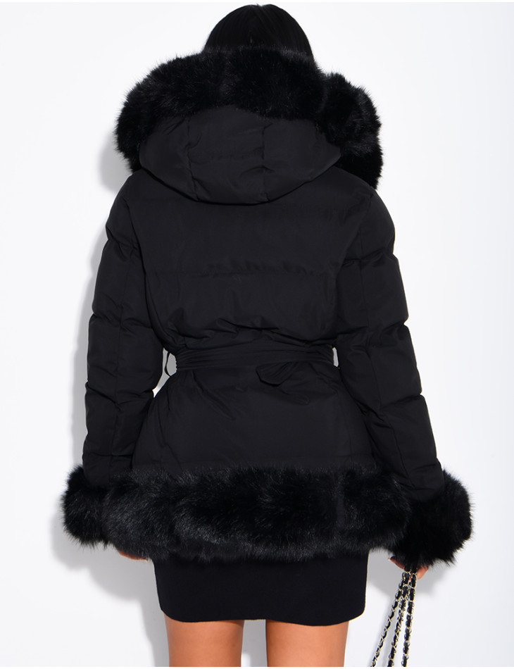 Mid-length quilted puffer jacket with fur-lined hood