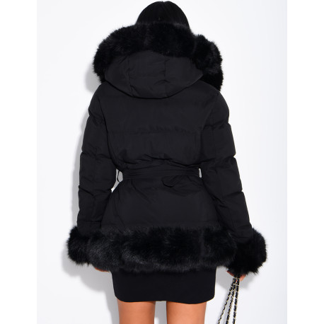 Mid-length quilted puffer jacket with fur-lined hood