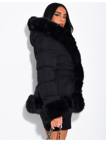 Mid-length quilted puffer jacket with fur-lined hood