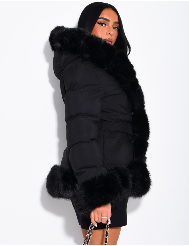 Mid-length quilted puffer jacket with fur-lined hood