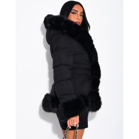 Mid-length quilted puffer jacket with fur-lined hood