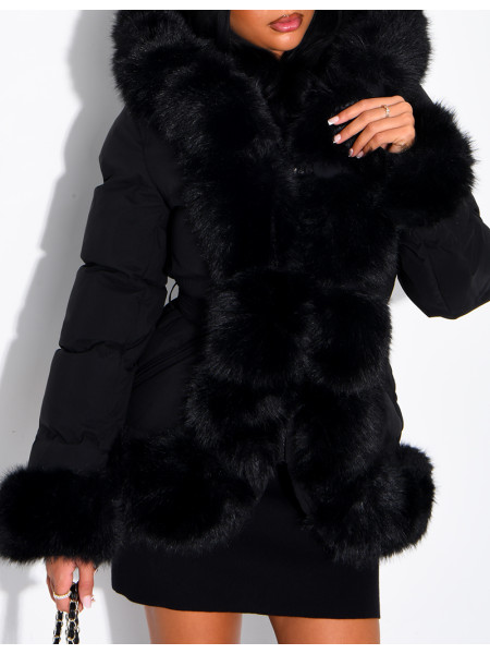 Mid-length quilted puffer jacket with fur-lined hood