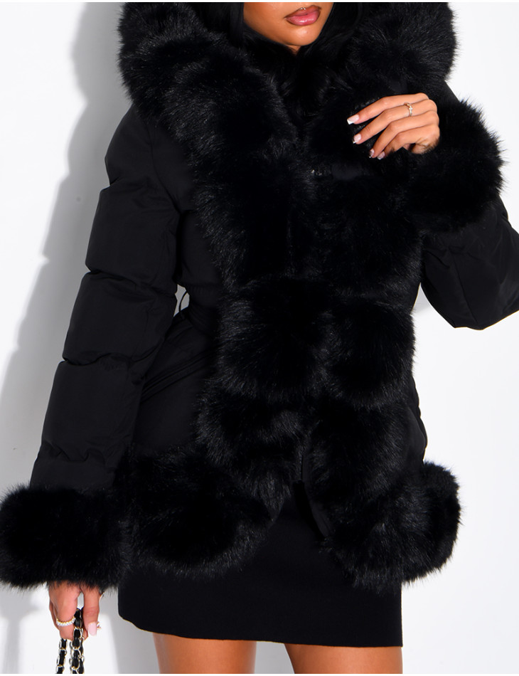 Mid-length quilted puffer jacket with fur-lined hood