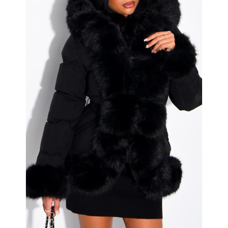 Mid-length quilted puffer jacket with fur-lined hood