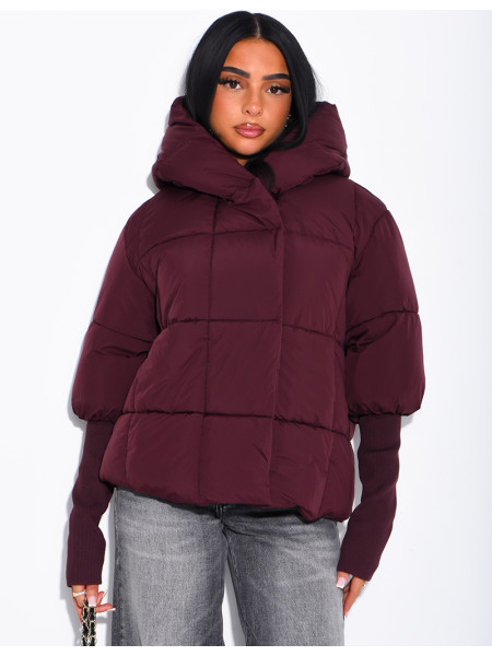Kurze, gesteppte Daunenjacke mit Stehkragen, Kapuze und gerippten Ärmeln