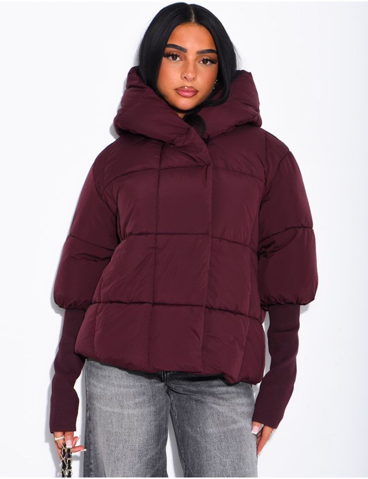 Kurze, gesteppte Daunenjacke mit Stehkragen, Kapuze und gerippten Ärmeln