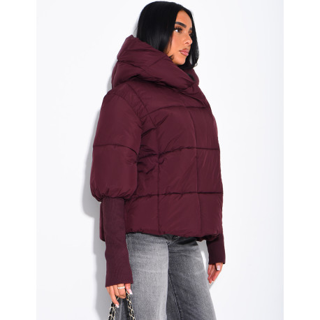 Kurze, gesteppte Daunenjacke mit Stehkragen, Kapuze und gerippten Ärmeln