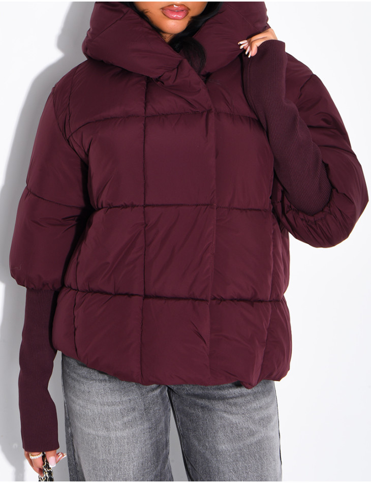 Kurze, gesteppte Daunenjacke mit Stehkragen, Kapuze und gerippten Ärmeln