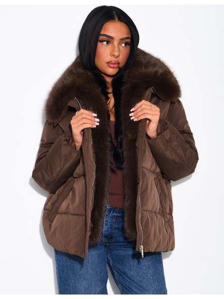 Quilted puffer jacket with belt and faux fur collar
