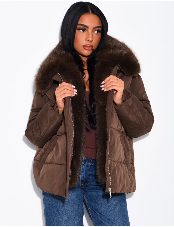 Quilted puffer jacket with belt and faux fur collar