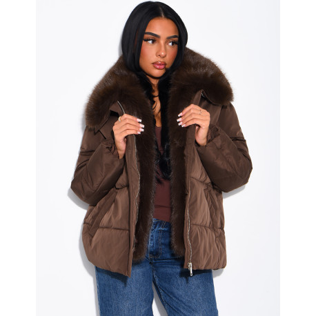 Quilted puffer jacket with belt and faux fur collar
