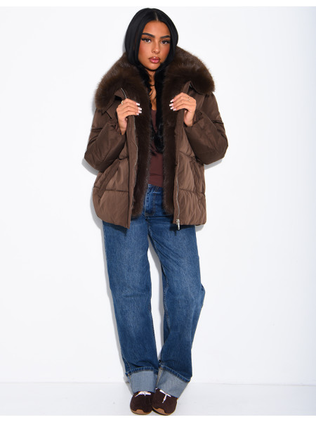 Quilted puffer jacket with belt and faux fur collar