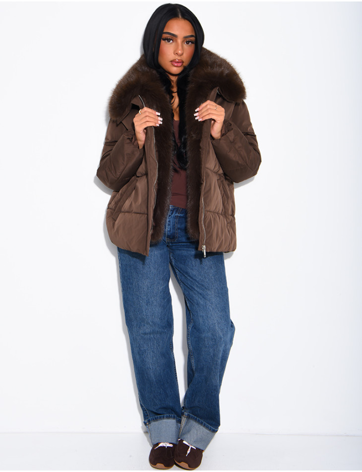 Quilted puffer jacket with belt and faux fur collar
