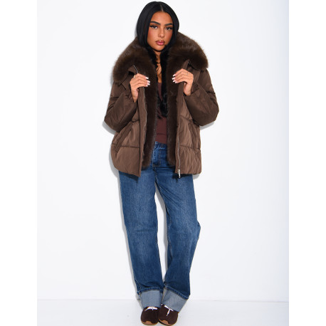 Quilted puffer jacket with belt and faux fur collar