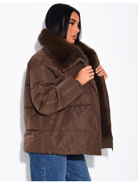 Quilted puffer jacket with belt and faux fur collar