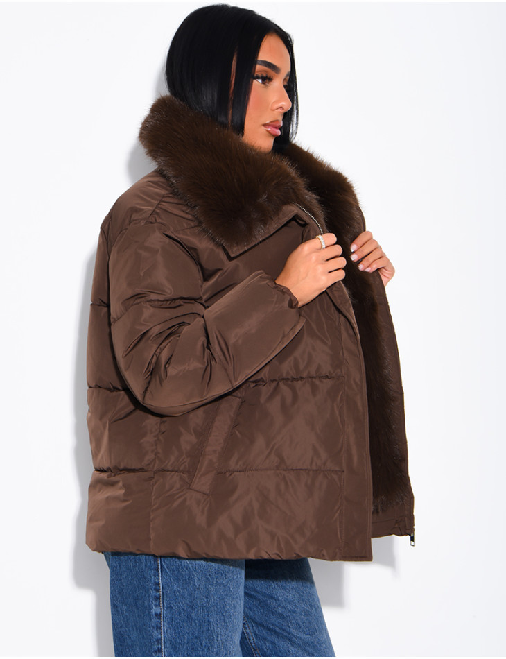 Quilted puffer jacket with belt and faux fur collar