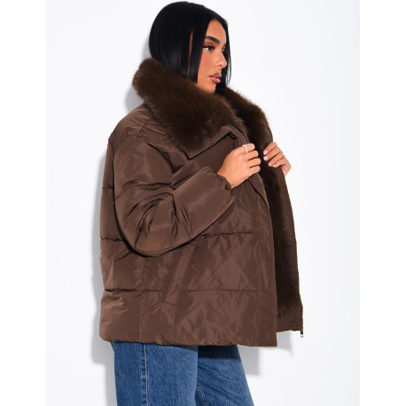 Quilted puffer jacket with belt and faux fur collar