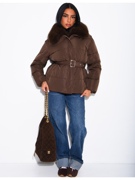 Quilted puffer jacket with belt and faux fur collar