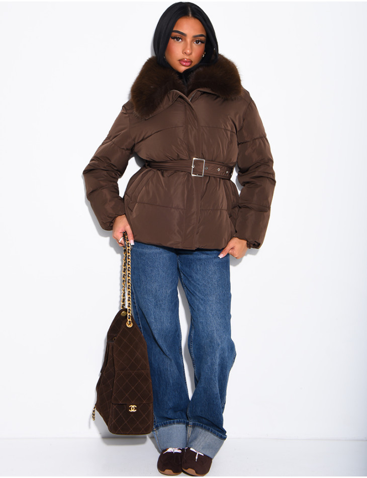 Quilted puffer jacket with belt and faux fur collar