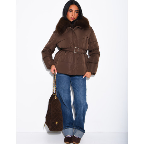 Quilted puffer jacket with belt and faux fur collar