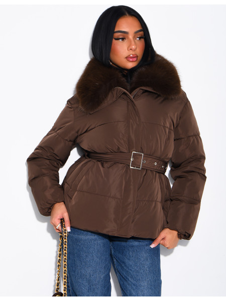 Quilted puffer jacket with belt and faux fur collar