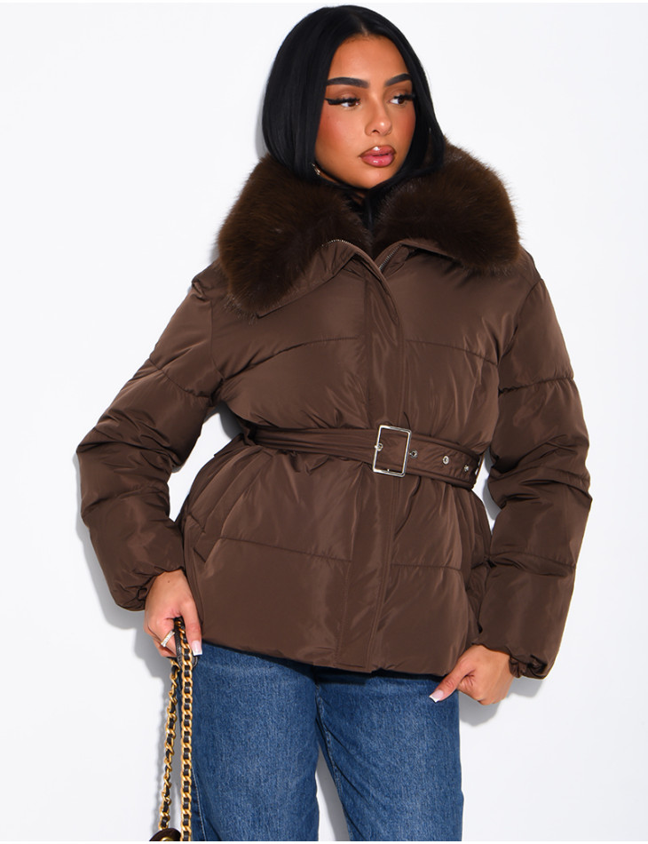 Quilted puffer jacket with belt and faux fur collar