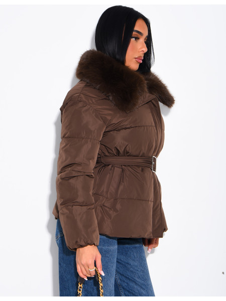 Quilted puffer jacket with belt and faux fur collar