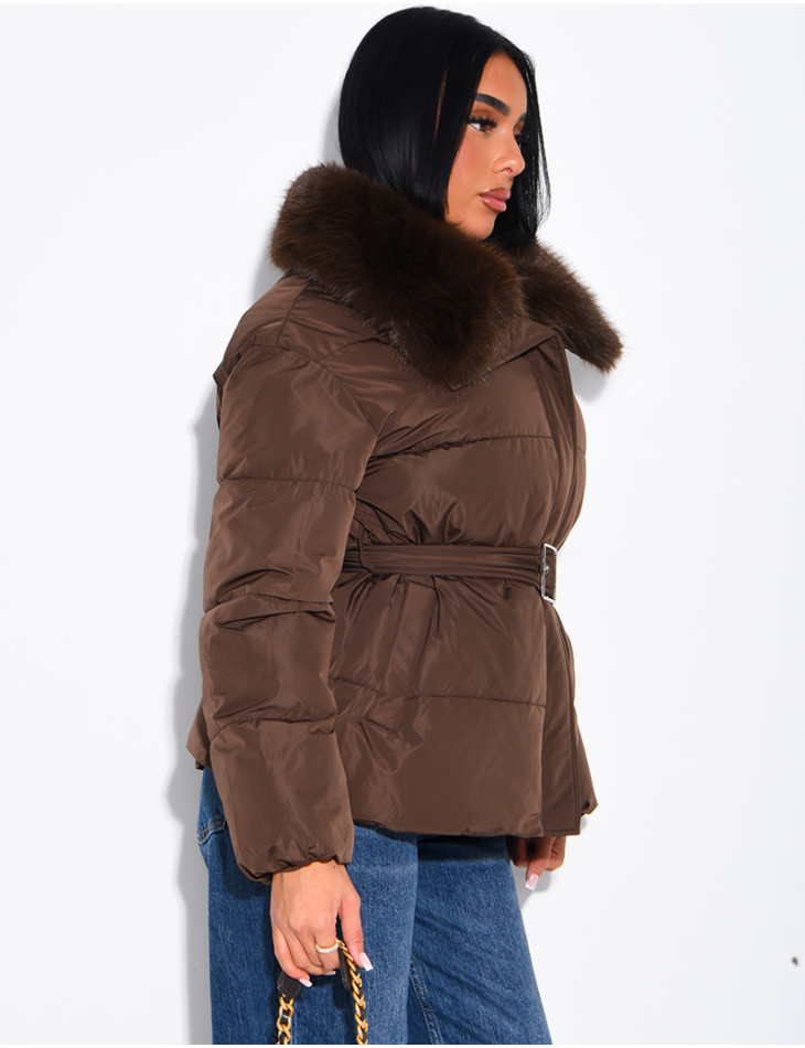 Quilted puffer jacket with belt and faux fur collar