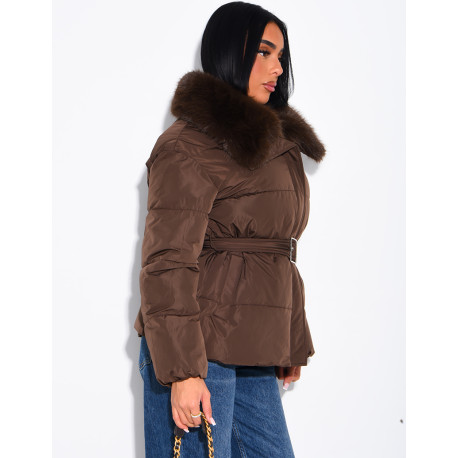 Quilted puffer jacket with belt and faux fur collar
