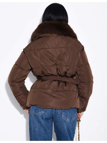 Quilted puffer jacket with belt and faux fur collar