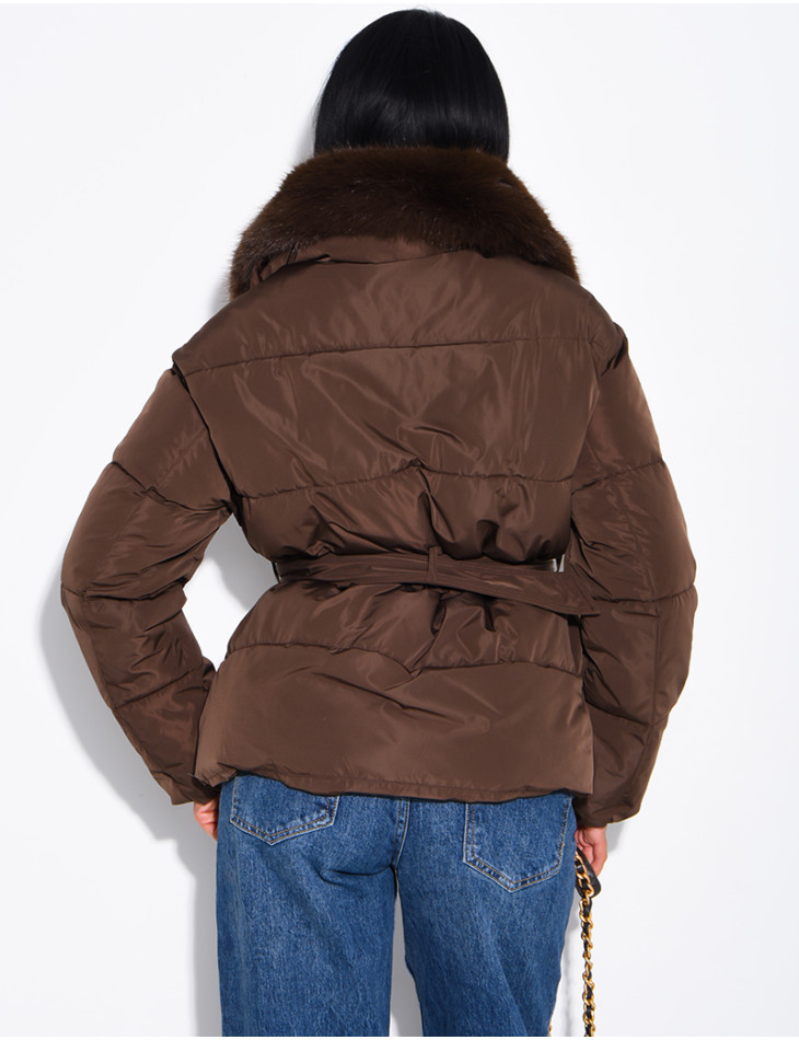 Quilted puffer jacket with belt and faux fur collar