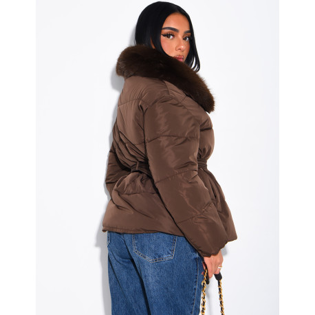 Quilted puffer jacket with belt and faux fur collar
