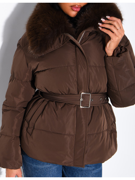 Quilted puffer jacket with belt and faux fur collar
