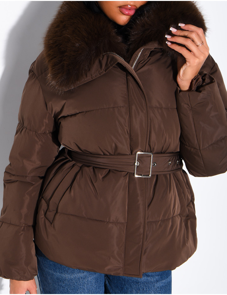 Quilted puffer jacket with belt and faux fur collar