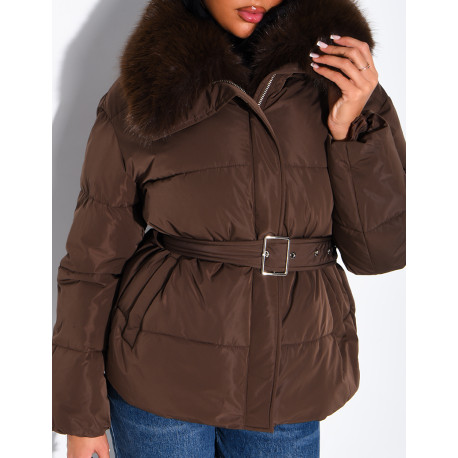 Quilted puffer jacket with belt and faux fur collar
