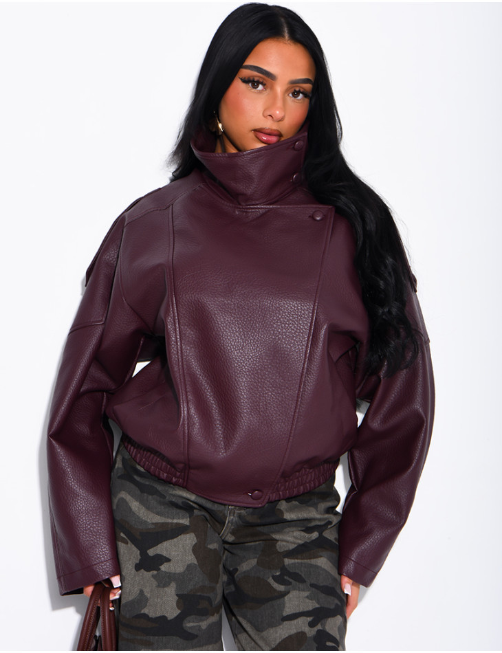 Oversized-Jacke aus genarbtem Kunstleder mit Stehkragen