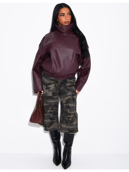 Oversized-Jacke aus genarbtem Kunstleder mit Stehkragen