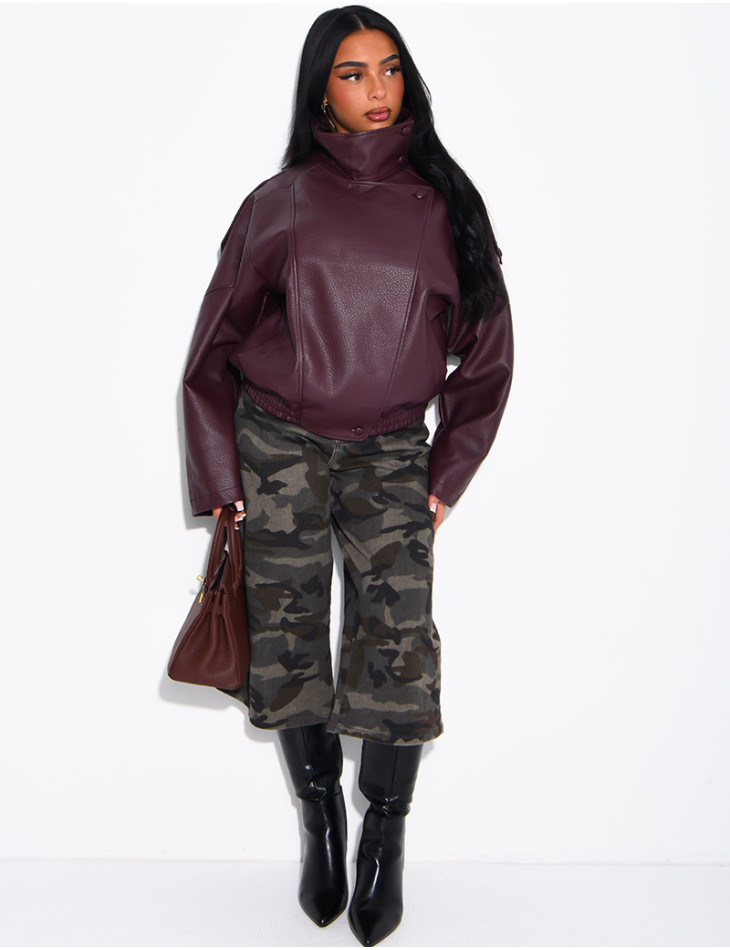 Oversized-Jacke aus genarbtem Kunstleder mit Stehkragen