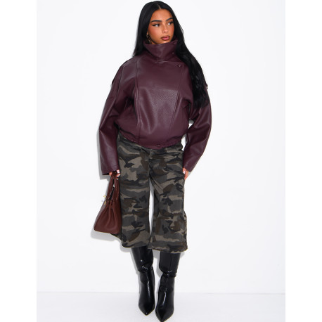 Oversized-Jacke aus genarbtem Kunstleder mit Stehkragen