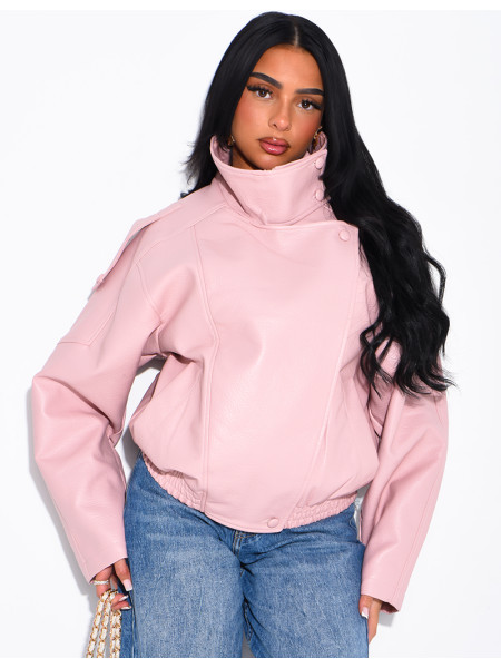 Oversized-Jacke aus genarbtem Kunstleder mit Stehkragen
