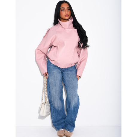 Oversized-Jacke aus genarbtem Kunstleder mit Stehkragen