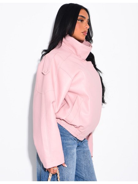 Oversized-Jacke aus genarbtem Kunstleder mit Stehkragen