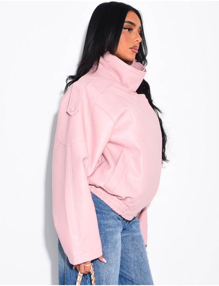 Oversized-Jacke aus genarbtem Kunstleder mit Stehkragen