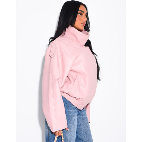 Oversized-Jacke aus genarbtem Kunstleder mit Stehkragen