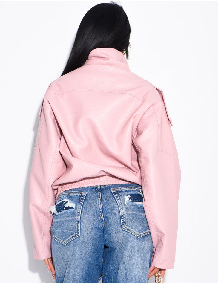 Oversized-Jacke aus genarbtem Kunstleder mit Stehkragen