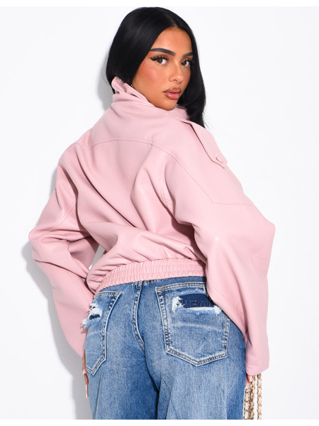 Oversized-Jacke aus genarbtem Kunstleder mit Stehkragen
