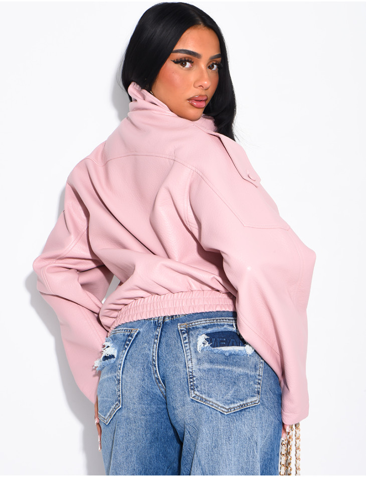 Oversized-Jacke aus genarbtem Kunstleder mit Stehkragen
